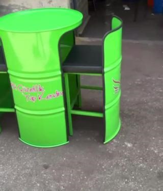 "Repurposing" challenges us to rethink function. These 55-gallon steel barrels were transformed into seating and a table — a great example of how industrial materials can move beyond their original use and into thoughtful, functional design. Curious what other applications you see for barrels like these? | repurposed MATERIALS