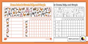 First Grade Farm Animals Count, Tally, and Graph Worksheet