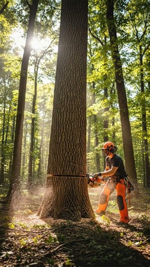 wood cutter cutting old large tree in forest with machine #treetrimming#treeexperts #woodscraft#tree