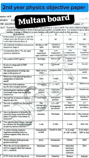 12th class Multan board physics objective paper 2026