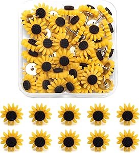 40Pcs Sunflower Push Pins, Pletpet Cute Decorative Sunflowers Push Pins for Cork/Bulletin Board with Square Box, Sturdy Thumbtacks for Holding Photos Files
