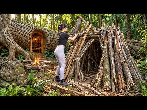 30 Days Alone in the Wild: Building a Cozy Shelter Beneath a Giant Tree