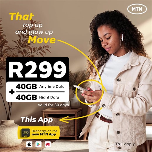 Don’t let your data run out mid-scroll. Stay loaded with exclusive deals on the new MTN App. Get the 40GB Anytime data + 40GB Night data deal for just R299. T&C apply #TodayWeMakeMoves | MTN South Africa | Facebook