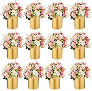12 Pcs Gold Cylinder Vases for Wedding Centerpieces 5.1 Inch Tall Metal Flowers Vase Small Hurricane Holder for Wedding Table Centerpieces Anniversary Dining Coffee Table Party Decorations