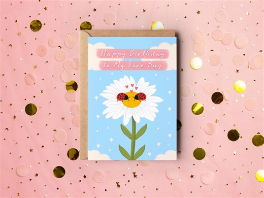 Ladybug Birthday Card, Happy Birthday To My Love Bug, Whimsical Ladybird Illustrated Greetings