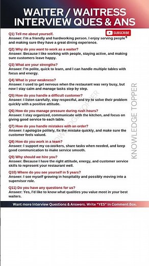 Waiter Interview Questions and Answers | Waitress Interview Questions and Answers