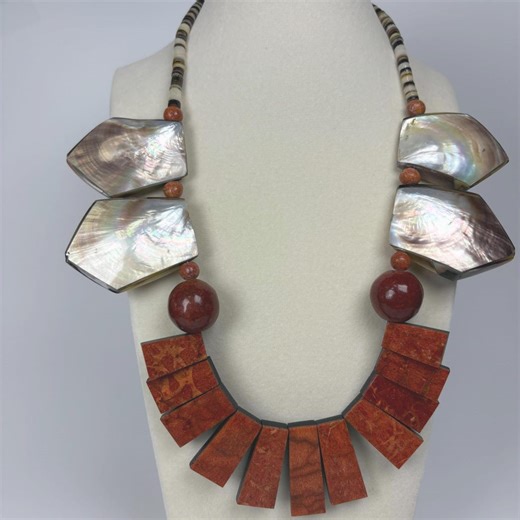 Vintage Shell Plaque Necklace With Red Apple Coral - Mother of Pearl Statement Necklace - Etsy