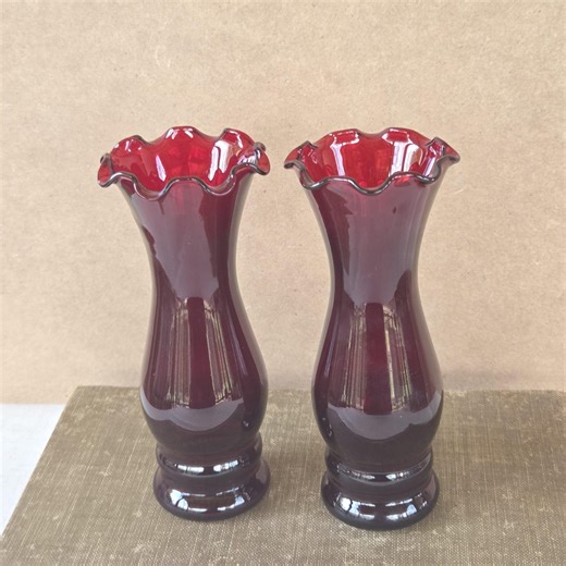 Vintage Ruby Red Glass Vases | Set of 2 Mid Century Ruffled Rim Bud Vase, Crimped Edge MCM Glassware, Red Table Decor - Etsy