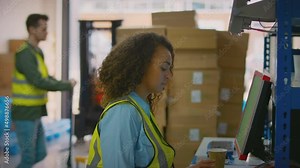 Male and female workers using computer terminals and moving boxes in distribution warehouse - shot in slow motion