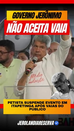 ✅ GOVERNADOR JERÔNIMO NÃO ACEITA CRÍTICA! 🚫 O governador Jerônimo Rodrigues (PT) interrompeu um evento territorial em Itapetinga, no Sudoeste baiano, neste domingo (14), após ser vaiado pela população. Irritado, o petista não hesitou e cortou o ato: “Ai não, aqui não cabe vaia não. Não tem espaço para vaia aqui não!” Enquanto o povo baiano sofre com promessas não cumpridas, estradas ruins, saúde colapsada e insegurança, Jerônimo demonstra que não tolera ouvir a voz das ruas. Isso é democracia o