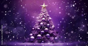 Violet purple fantasy Christmas tree with golden star on top at winter magic night. Winter seasonal 4K loop animation for advertisement.