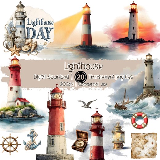 Watercolor Lighthouse Clipart Bundle: 20 Nautical PNG Elements (digital Download) - Etsy