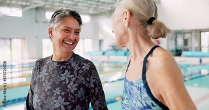 Pool, friends and laughing of senior people and happy for learning in class of swimming and gym. Training, healthy and fitness for old women in retirement, cardio and joy of exercise with water