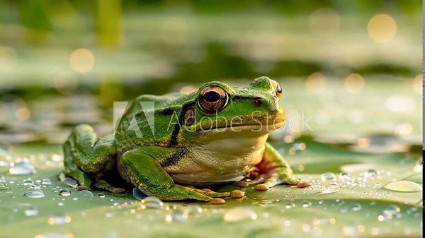 Detailed observation of a frog's subtle movements, such as a slow blink, throat pulsation, or delicate webbed foot adjusting on a leaf, highlighting the quiet rhythm of amphibian life.