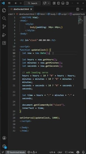 JavaScript Live Clock in 30 Seconds ⏰ | Real-Time Clock Tutorial