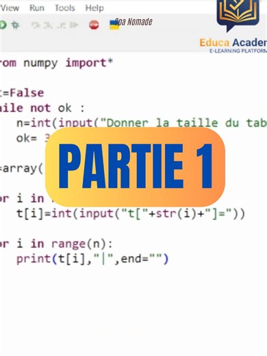 Declaration, Remplissage, Affichage d'un tableau en python Partie 1 #EducaAcademy #bactunisie #bac #bac2026 | Educa Academy