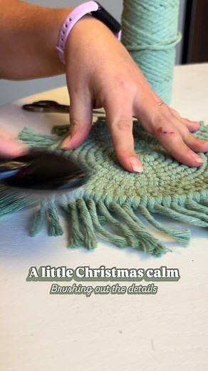 The most satisfactory part when it comes to making macrame coasters - the brush out. This is about a 9 inch coaster or trivet in Matcha Green 💚 Have a friend or loved one you might like a little macrame magic under the Christmas tree this year? Let’s chat! #macrame #macrameontheprairie #macramecoaster #craftwithme #sask #moosejawsk #moosejaw #handmadehome #macrameartist #yqr #saskmade #saskmacrame | Macrame on the Prairie