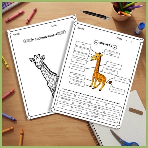 [K-3] Giraffe Body Parts Labeling Diagram Worksheets | Savanna Science Unit
