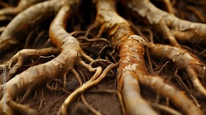 Detailed image of a root rhizome showcasing the intricate network of thick and thin roots that provide stability and storage for the . AI generation.