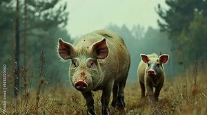 Wild pigs roam through a misty forest landscape during early morning hours