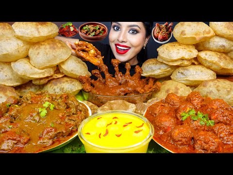 ASMR Eating Spicy Chicken Curry,Mutton Curry,Liver Curry,Leg Piece,Poori Masala ASMR Eating Mukbang