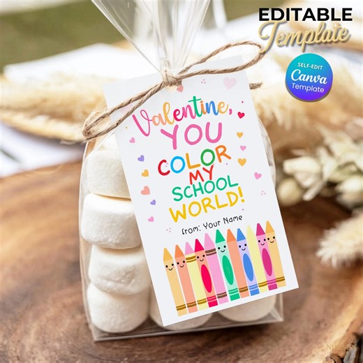 Teacher Valentine Gift Tag, Classroom Valentine Crayon Favor, You Color My School World Tag, Printable Editable Template, School Valentine - Etsy