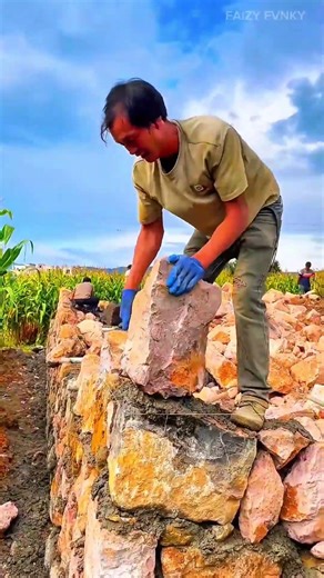Moving heavy boulders to build strong stone walls by hand and stacking rocks with great precision