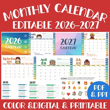 Editable Monthly Calendars 2026–2027 | Printable & Digital School Year Planner