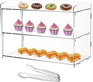 2-Layer Commercial Bakery Display Case Countertop, Pastry Display Case, Clear Acrylic Donut Display Shelf Cupcake Retail Display Cabinet with Serving Tong - Peel Off the Fuzzy Protective Film