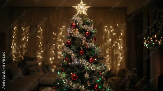 Blinking lights on decorated christmas tree
