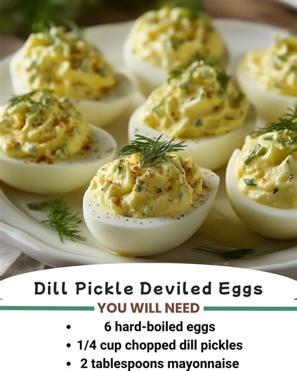 🥚 Dill Pickle Deviled Eggs 🥒✨ Tangy, creamy, and bursting with zesty pickle punch! Ingredients: 6 large eggs, hard-boiled ¼ cup mayonnaise 2 tbsp dill pickle juice 2 tbsp finely chopped dill pickles 1 tsp Dijon mustard Salt & pepper to taste Fresh dill or pickle slices (for garnish) Instructions: Step 1: Prep the Eggs Peel and halve hard-boiled eggs. Scoop yolks into a bowl; mash until smooth. Step 2: Make the Filling Add mayo, pickle juice, chopped pickles, mustard, salt, and pepper. Mix unti