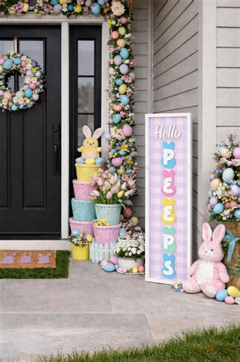 Easter Porch Leaner, Hello Peeps Sign, Spring Welcome Door Decor, Pastel Buffalo Check - Etsy