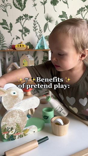There are so many benefits of pretend play. As your toddler starts acting out the familiar routines and situations they’ll stretch their language and speech skills to repeat the familiar sayings and vocabulary. Pretend play also gives them the opportunity to see the other perspective and develop learning, thinking, and problem solving skills! It’s also a great tool to introduce emotional and social situations and use the pretend play to explain behaviors and expectations! Pretend play shouldn’t 