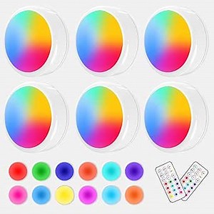 ILYXY Puck Lights with Remote, 6 Pack LED Under Cabinet Lighting Dimmable Push Battery Operated Under Counter Tap for Kitchen, Multicolor Transformation Stick On, Shiny White