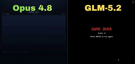 I was skeptical about giving GLM-5.2 the task to build a super mario snes style game in a single HTML fileso i ran the test on Opus and also on GLM-5.2Opus didnt even try to make a game or made something but it wasn't a gameGLM-5.2 one shotted a pretty functional game.. WILD
