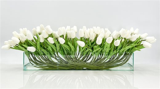 Faux White Tulips Arrangement: Modern Floral Centerpiece in Glass Vase - Etsy