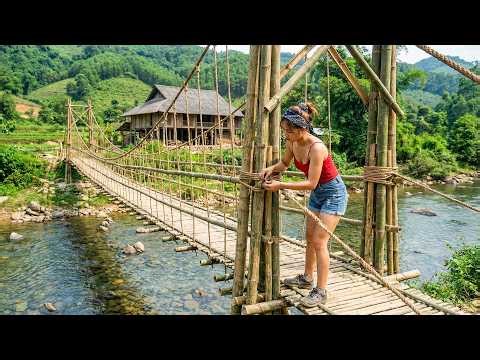Young Woman Spent 145 Days Building Wooden House and Bamboo Bridge Across The River.