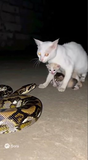 Mother cat protects kittens from python attack🐱🐍