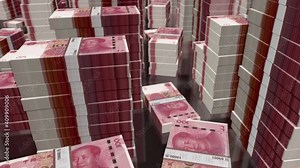 Renminbi Chinese yuan note money packs loop. Abstract background concept of business, economy crisis and economic growth. 3D flight over RMB banknotes stacks towers loopable seamless animation.