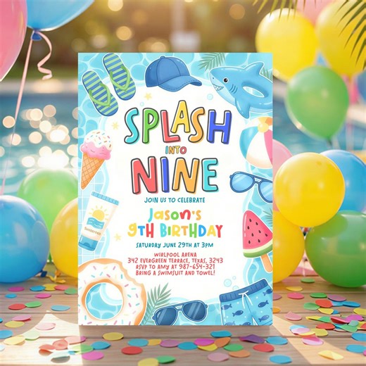 Splash Into Nine 9th Birthday Pool Party Invitation, Boys Pool Party Invite, Editable Summer Swim Birthday, Dive Into Nine Template - Etsy