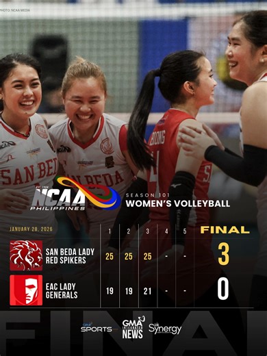 2-0 🦁 FINAL: The San Beda Lady Red Spikers have their way against the EAC Lady Generals in straight sets, 25-19, 25-19, 25-21! #NCAA101 #NCAASeason101 #BuildingGreatness #GMASports #SportsOnTikTok