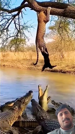 Leopard & Honey Badger Trapped Above… Crocodiles Waiting Below! 😱🐆🐊 #shorts #animals #fyp #nature