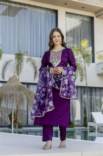 Purple Indian Wedding Guest Outfit, Embroidered Chanderi Silk Suit for Women - Etsy