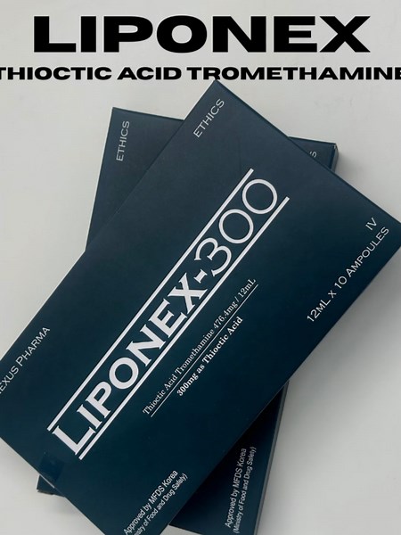 Liponex-300 is an injectable antioxidant formulation containing Thioctic Acid (Alpha-Lipoic Acid). It’s commonly used in medical and aesthetic settings to support liver detoxification, nerve protection, metabolic health, and skin brightening treatments. Each box contains: 10 ampoules (12ml per each) -> 12ml x 10 ampoules (total per box) Ingredients- Thiotic Acid (Alpha-Lipoic-Acid) - Tromethamine - Water for injection - pH stabilizing agents Unique Selling Points (USP) ✔ High-potency antioxidant