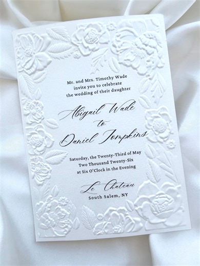 Embossed Floral Wedding Invitation | Textured Ivory, Minimalist Style - Etsy