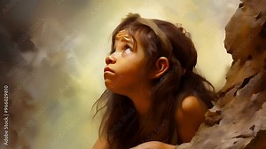 A small Cro-Magnon girl plays among the rocks, discovering her prehistoric world with curiosity and innocence