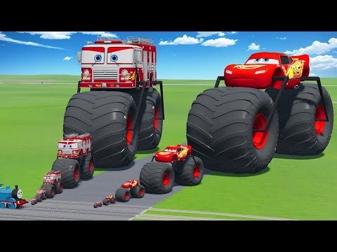 Big & Small Fire Truck Moto Monster & McQueen Moto Monster VS Train | BeamNG.Drive