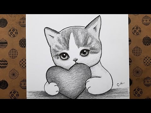 Easy How To Draw Cat Holding Heart Step by Step, Pencil Charcoal Drawings Easy