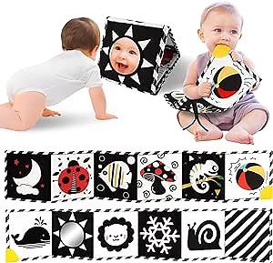 Tummy Time Toys, High Contrast Baby Book with Mirror & Teether, Black and White Infant Books, 0-6-12 Months Soft Book for Newborn, Sensory Books, Tummy Time Car Seat Toys 0-6 Month Boy Girl Gift