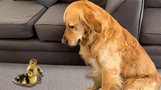 Golden Retriever Meets Tiny Baby Ducks First Time
